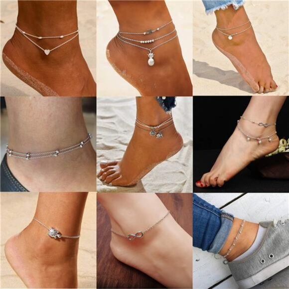 12pcs Women's Charm Anklet Set Gold Multilayer Adjustable Ankle Bracelets Boho - Picture 4 of 7